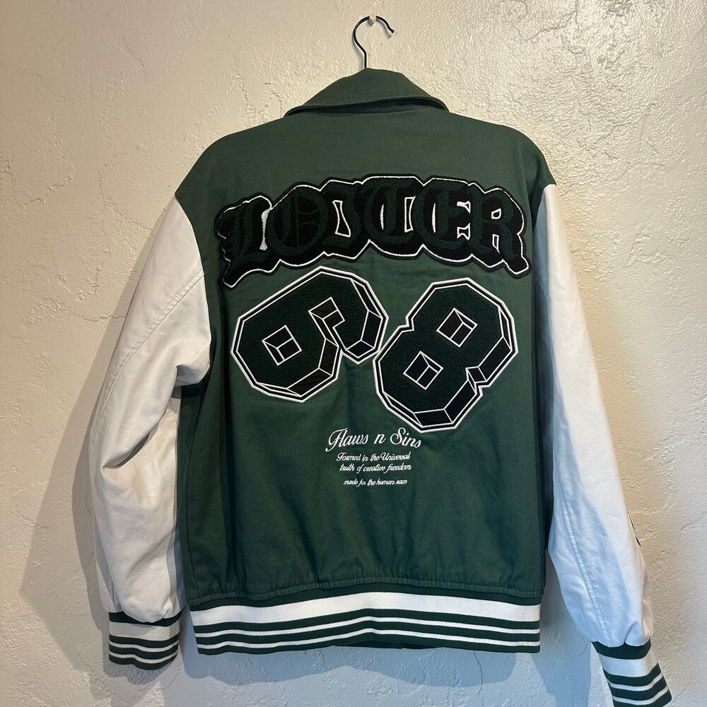 Loiter Size Medium Varsity Jacket Green White "Flaws n Sins" 98 patches - Picture 2 of 12